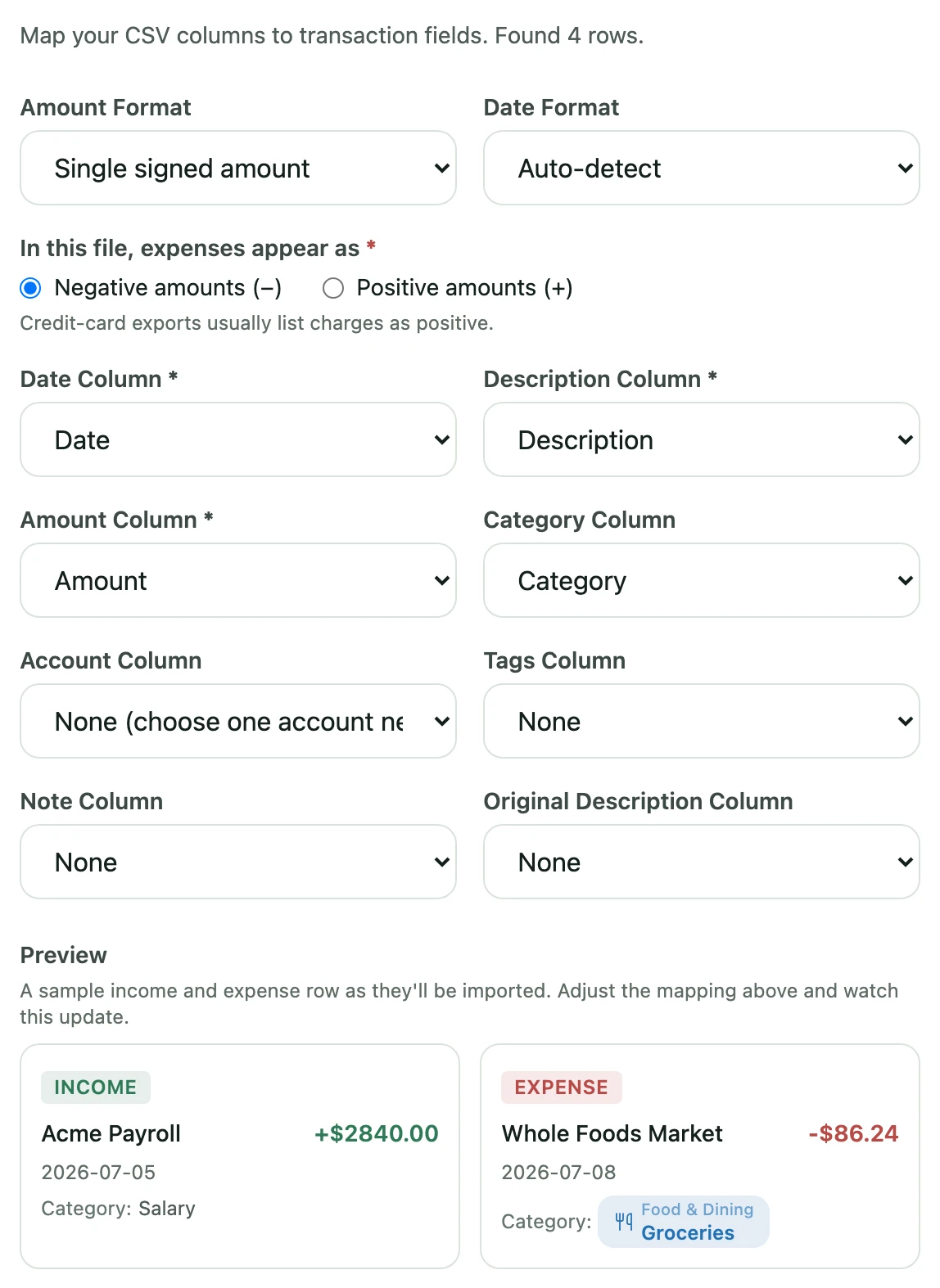 The CSV import mapper with auto-detected columns and a live preview of a sample income and expense row