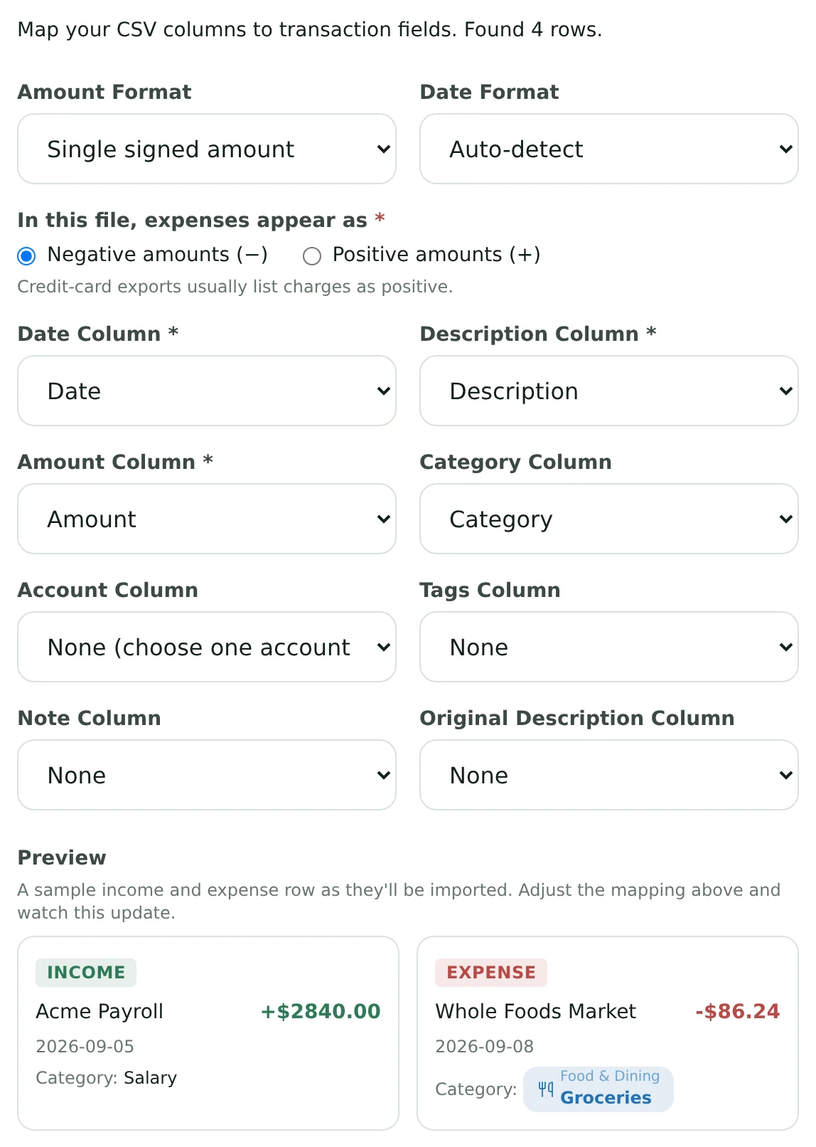 The CSV import mapper with auto-detected columns and a live preview of a sample income and expense row