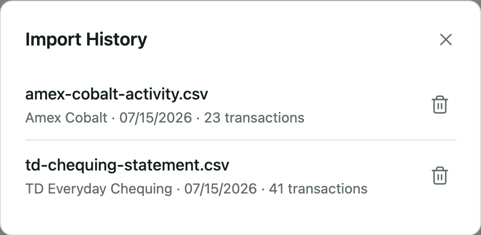 An import history list showing two CSV imports, each with its account, date, transaction count, and a delete button