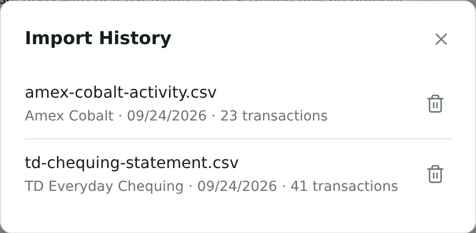 An import history list showing two CSV imports, each with its account, date, transaction count, and a delete button