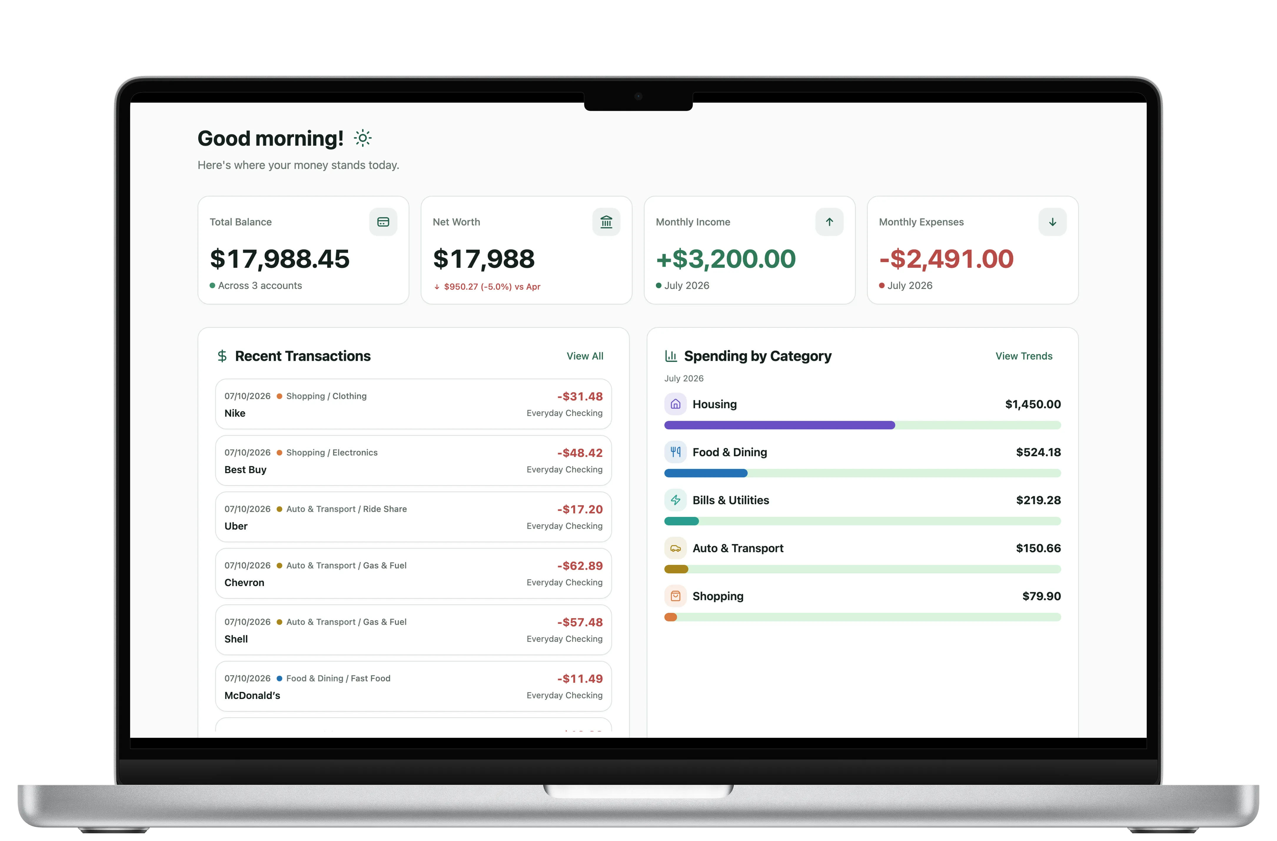 WealthMode dashboard showing account balances, net worth, and spending by category