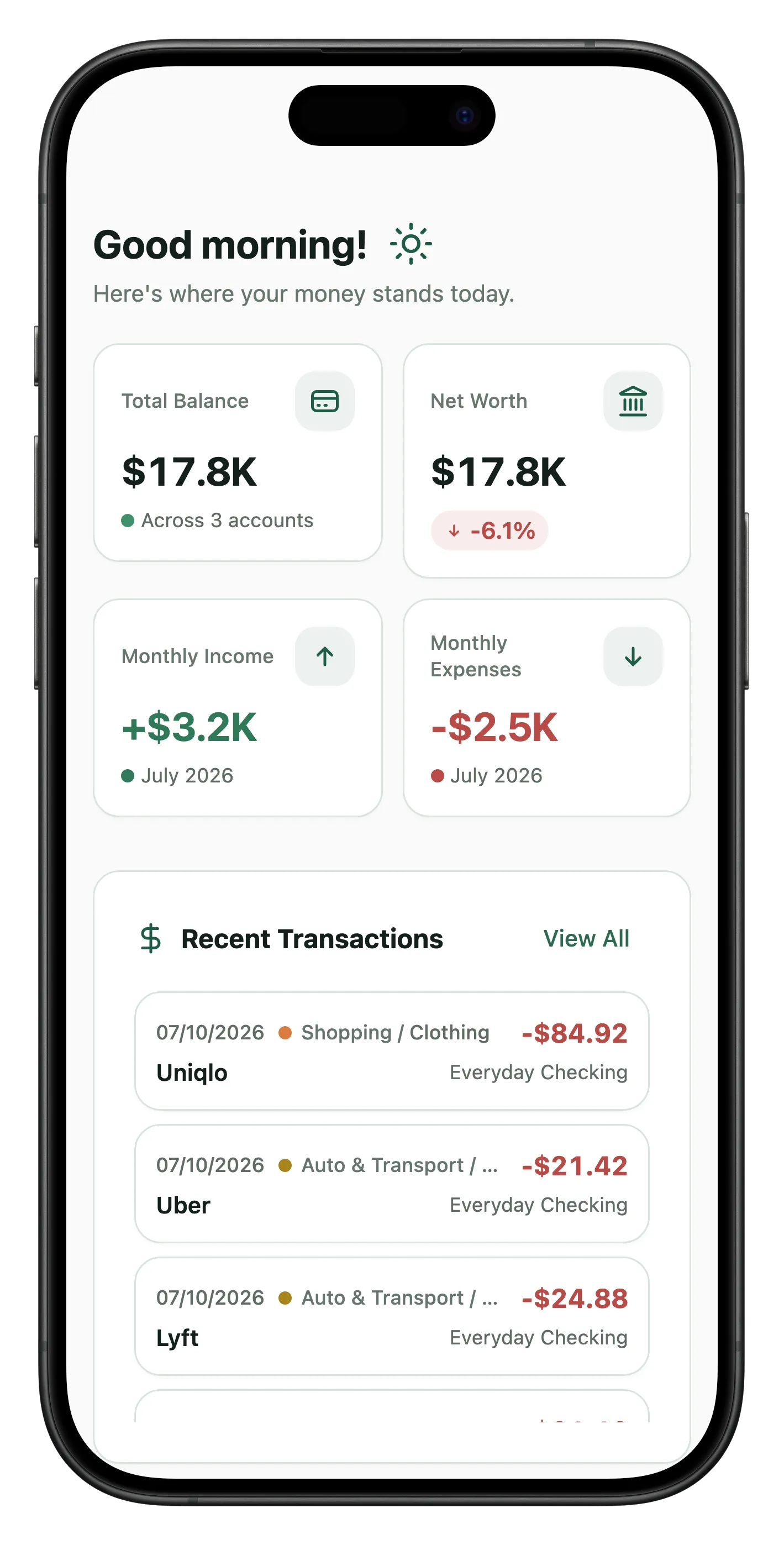 WealthMode dashboard showing account balances, net worth, and spending by category, on mobile