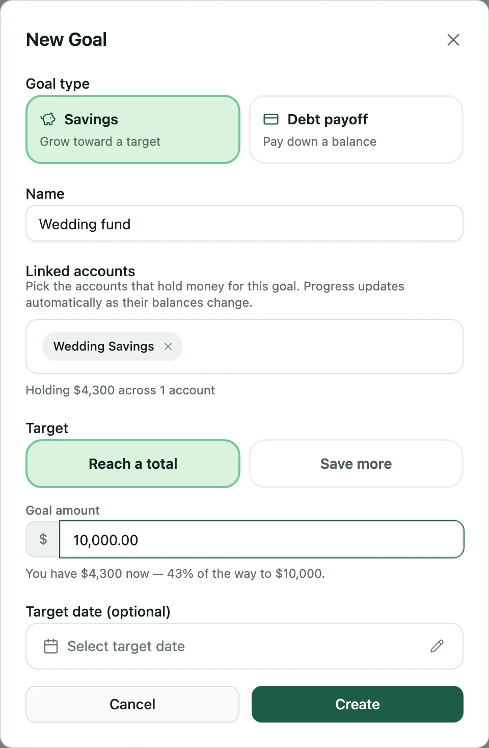 The new-goal form: a Wedding fund linked to Wedding Savings, with Reach a total chosen and the line 'You have $4,300 now, 43% of the way to $10,000'