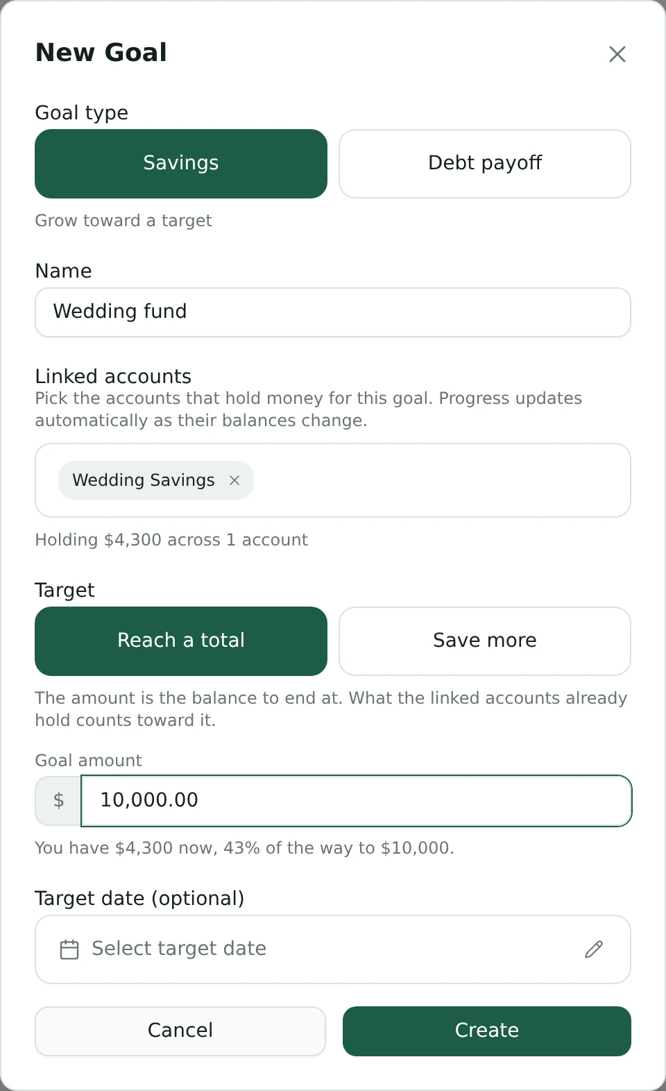 The new-goal form: a Wedding fund linked to Wedding Savings, with Reach a total chosen and the line 'You have $4,300 now, 43% of the way to $10,000'