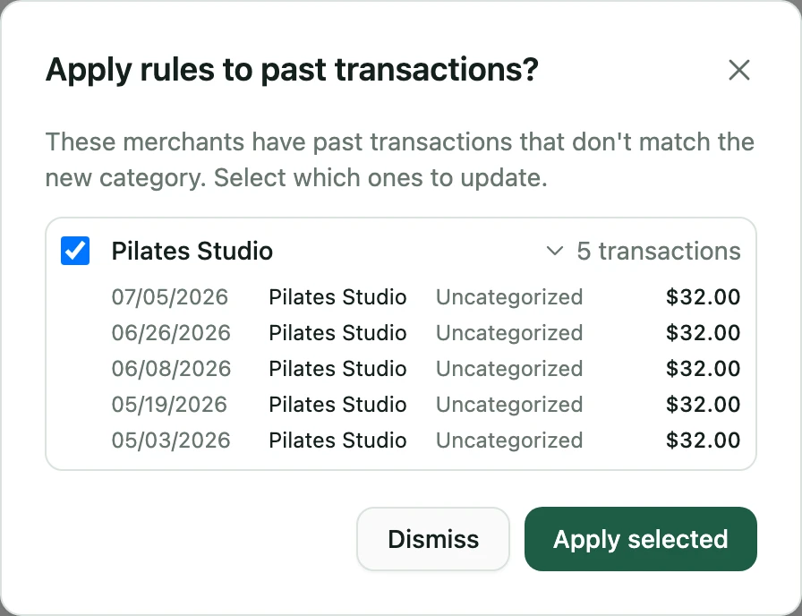 A dialog asking whether to apply a new rule to past transactions, listing five uncategorized Pilates Studio charges of $32.00 each