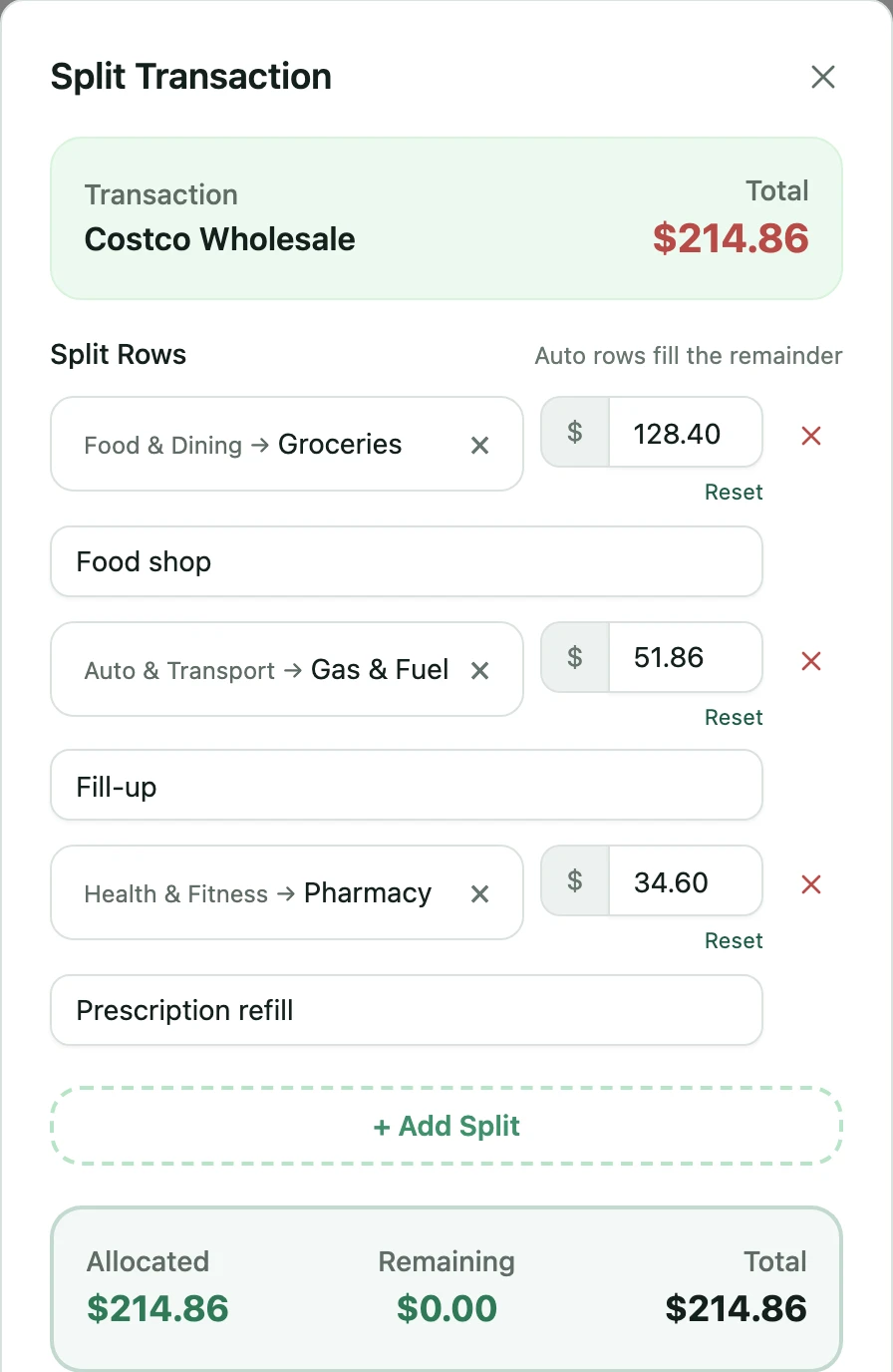 The split editor: a $214.86 Costco Wholesale charge divided into $128.40 groceries, $51.86 fuel and $34.60 pharmacy, with $0.00 remaining