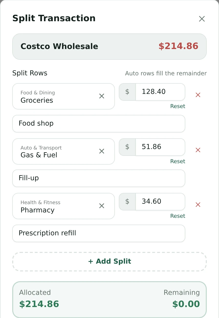 The split editor: a $214.86 Costco Wholesale charge divided into $128.40 groceries, $51.86 fuel and $34.60 pharmacy, with $0.00 remaining