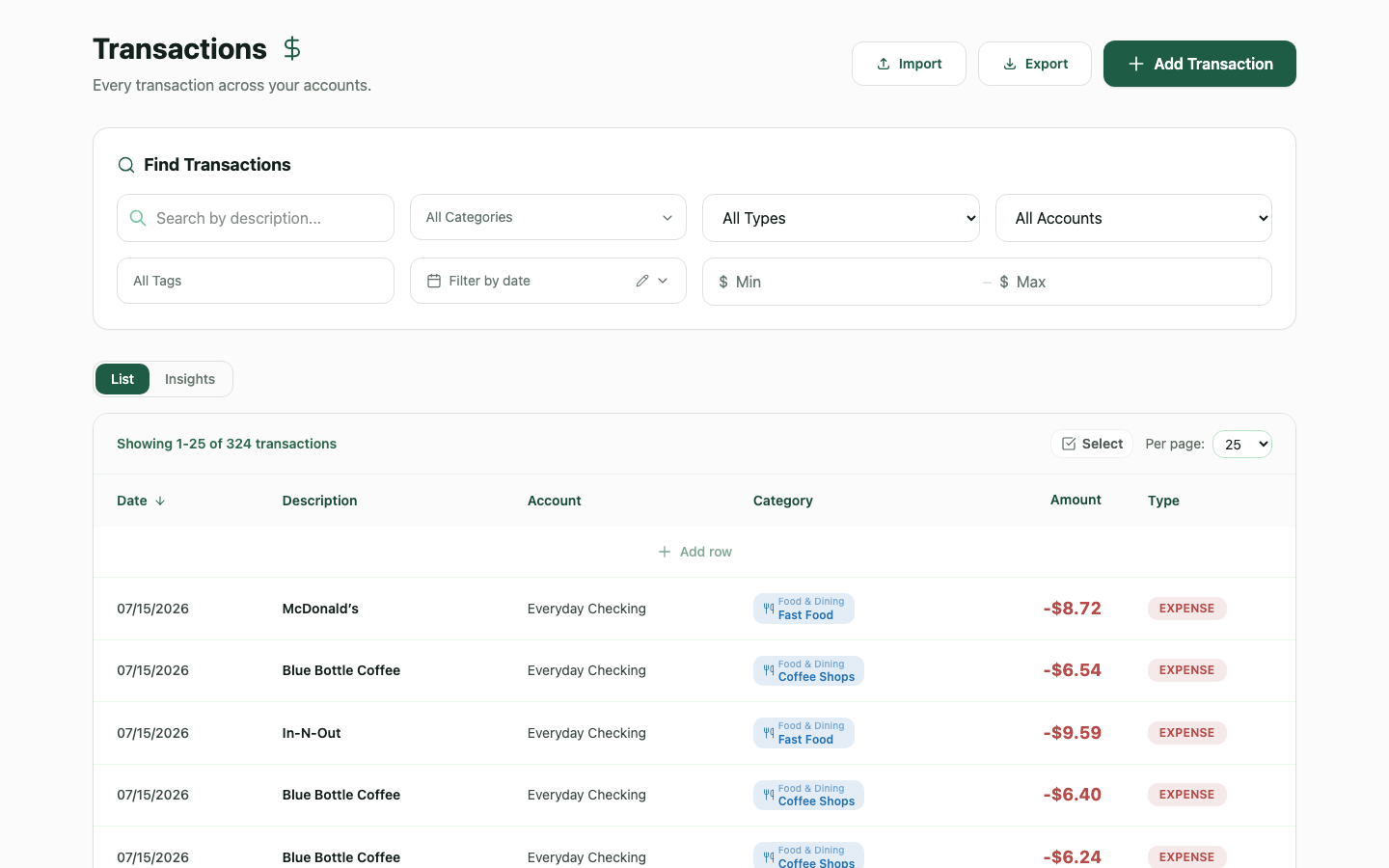 WealthMode transactions list with categories, tags, and filters