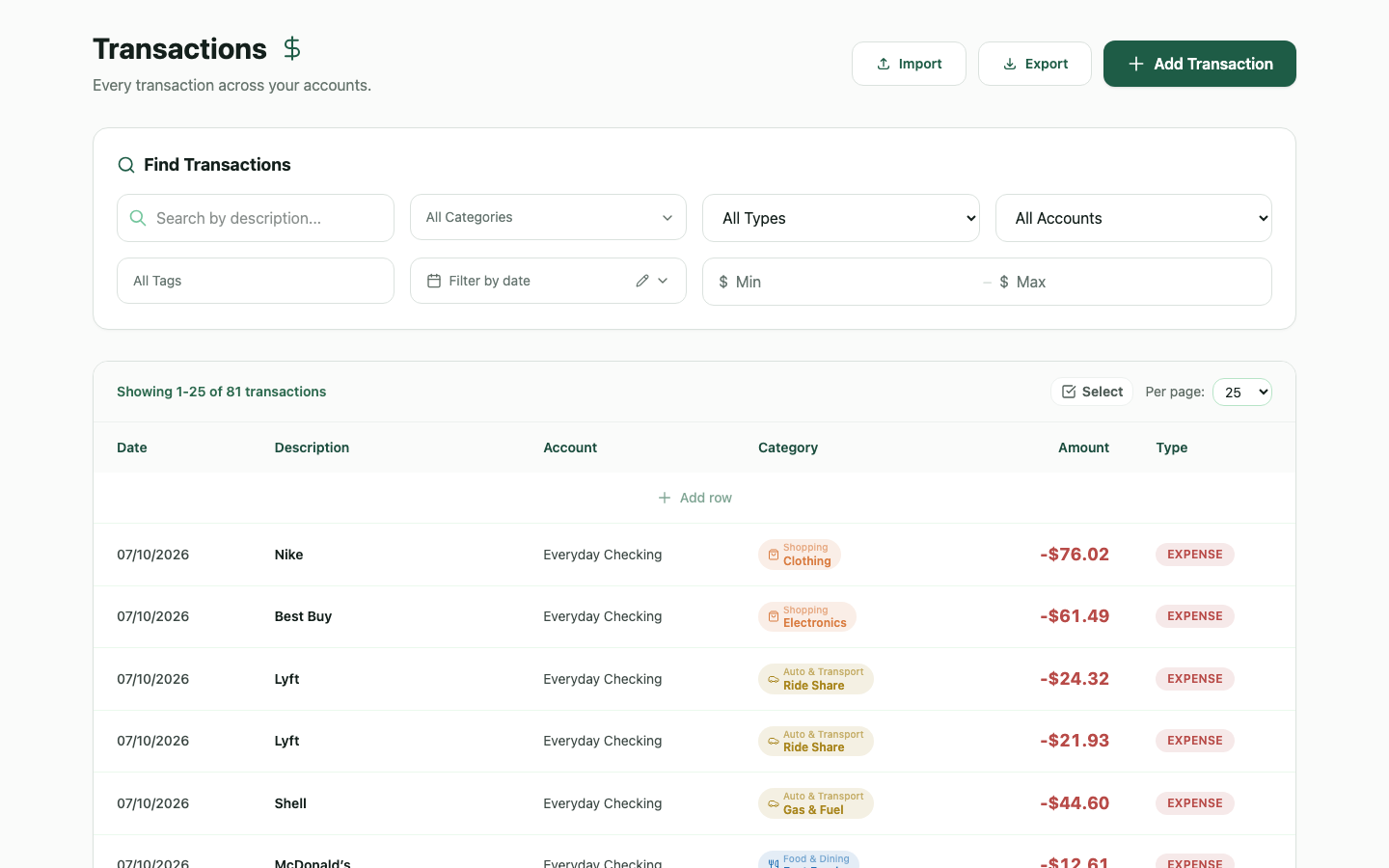 WealthMode transactions list, showing categorized spending across accounts