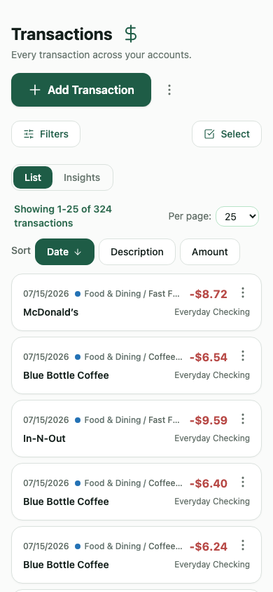 WealthMode transactions list with categories, tags, and filters, on mobile