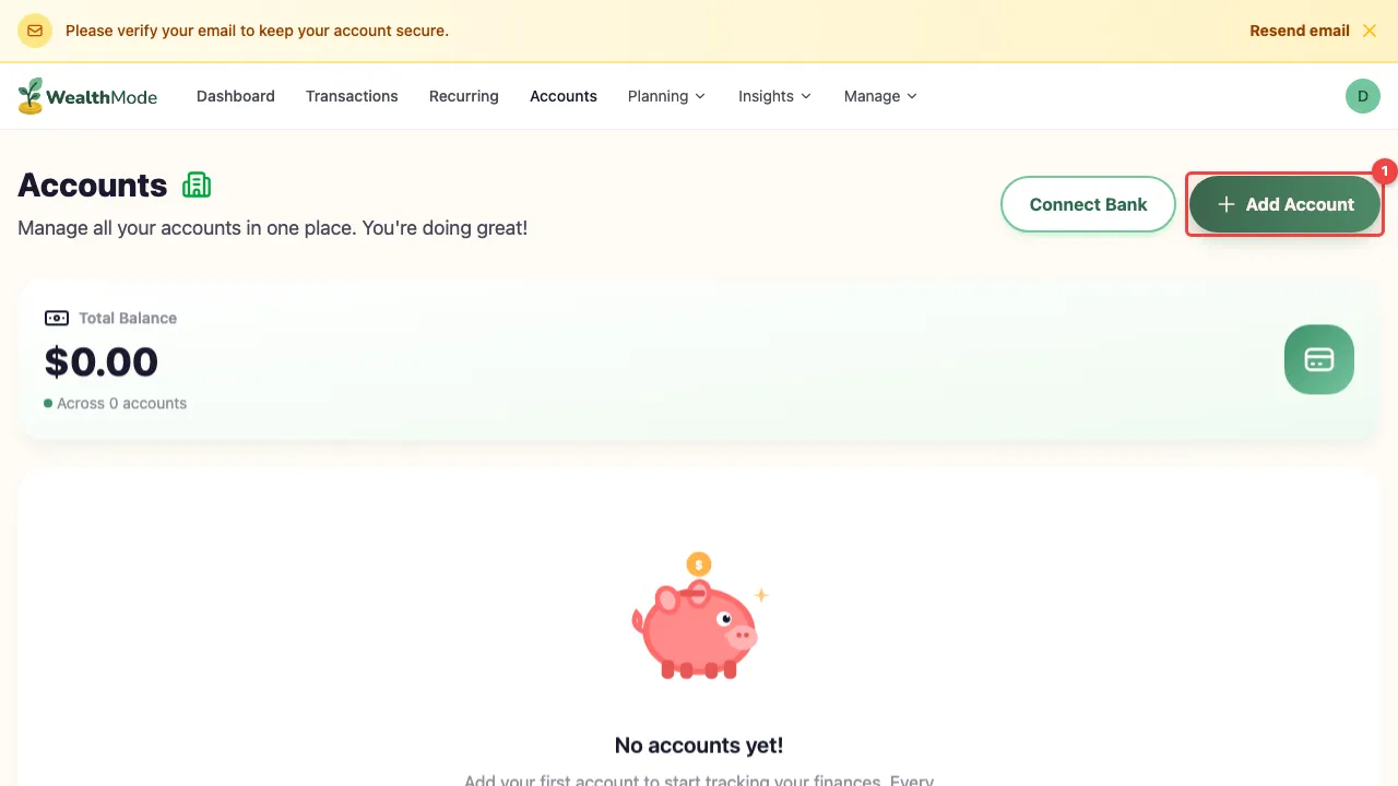 The Accounts page with the Add Account button highlighted in the top right corner