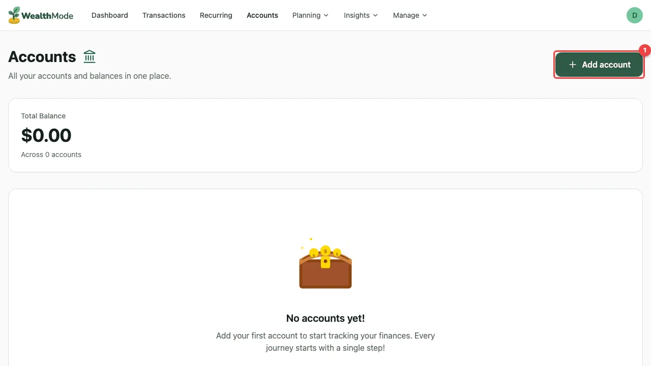 The Accounts page with the Add Account button highlighted in the top right corner