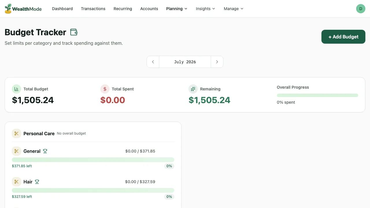 Budget setup screen
