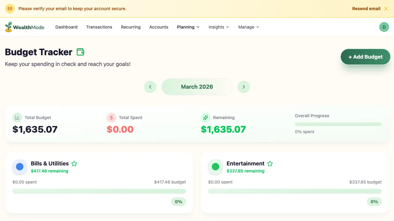 The budget editor showing a list of spending categories with their assigned monthly limits