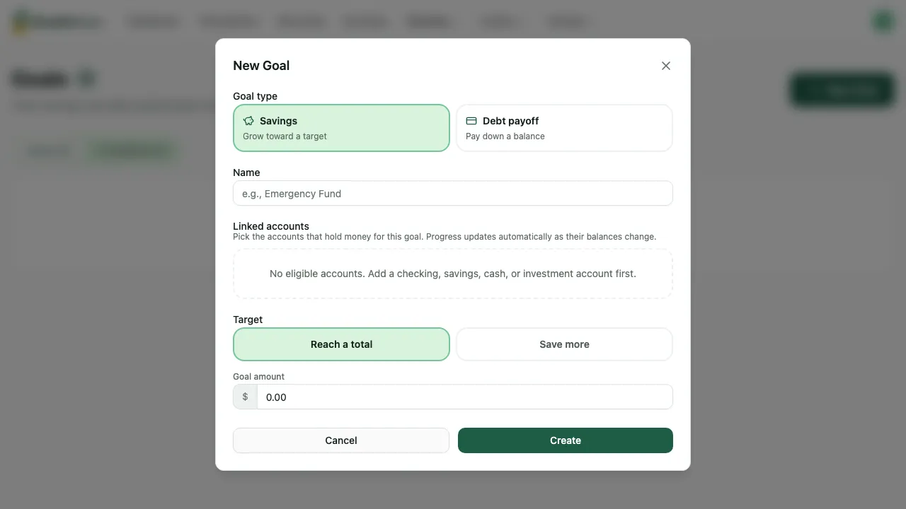 The Create Savings Goal form showing fields for goal name, target amount, and target date