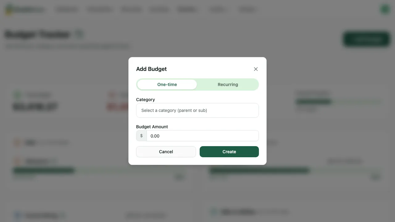 The Create Budget dialog showing the budget name field and month selector