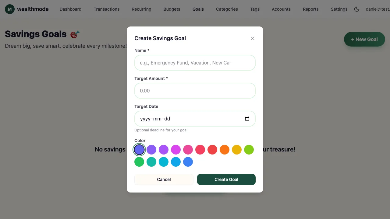 The Create Savings Goal form showing fields for goal name, target amount, and target date