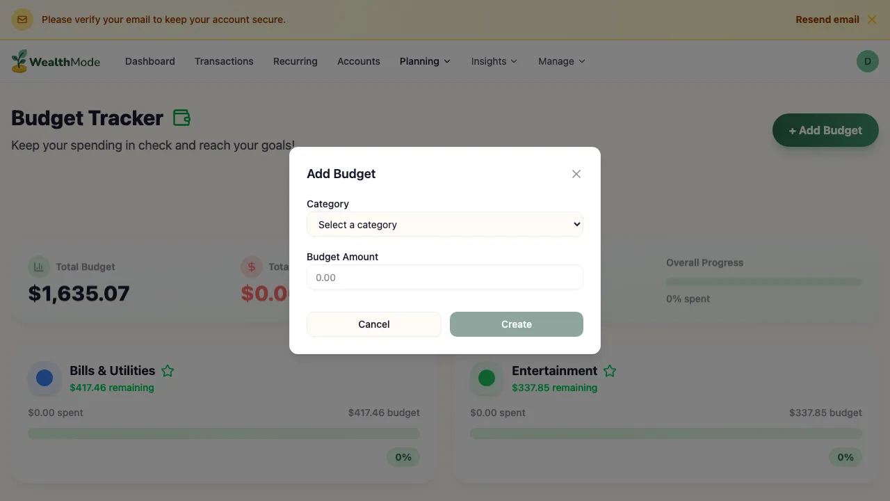 The Create Budget dialog showing the budget name field and month selector