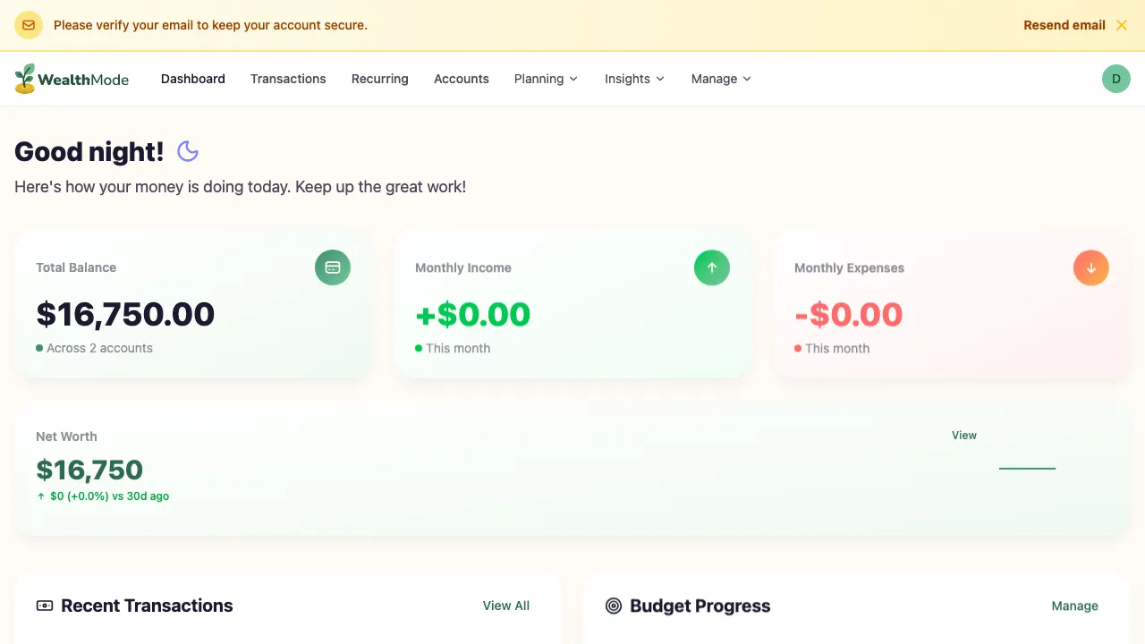 Dashboard with connected accounts