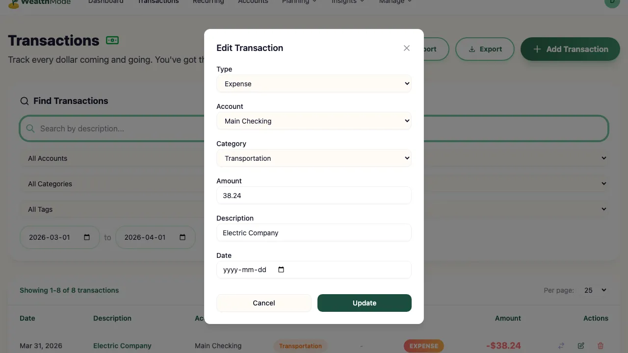 A transaction detail view showing merchant name, amount, date, and the current category with an edit option