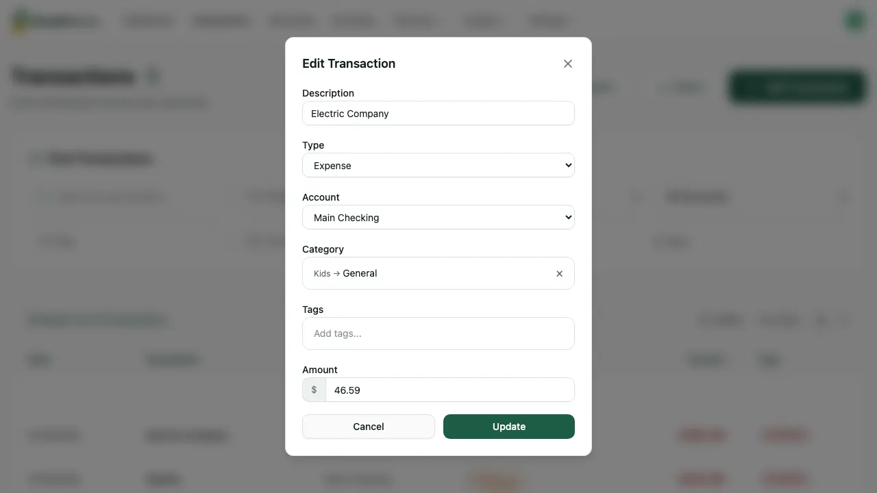 A transaction detail view showing merchant name, amount, date, and the current category with an edit option