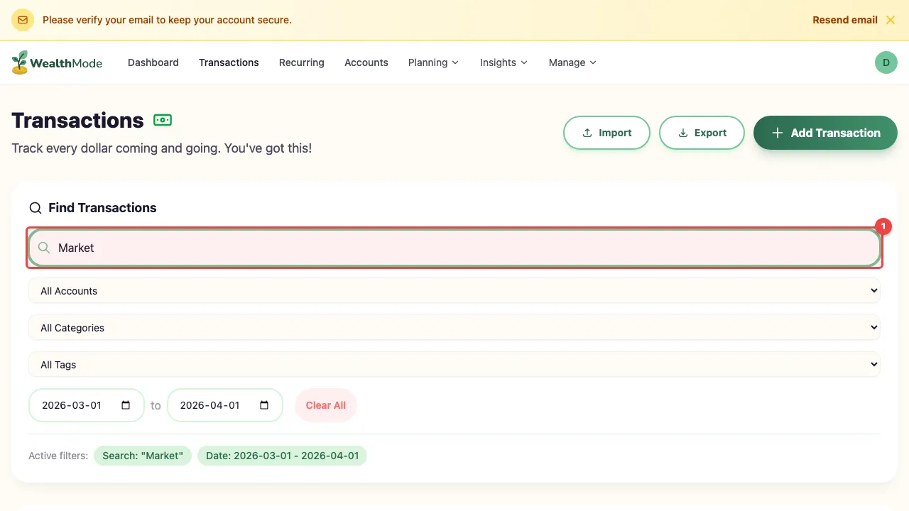 The transactions list with filters and search showing how to find a specific transaction