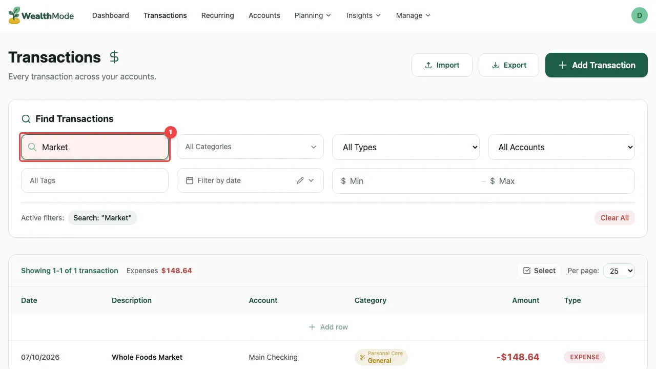 The transactions list with filters and search showing how to find a specific transaction