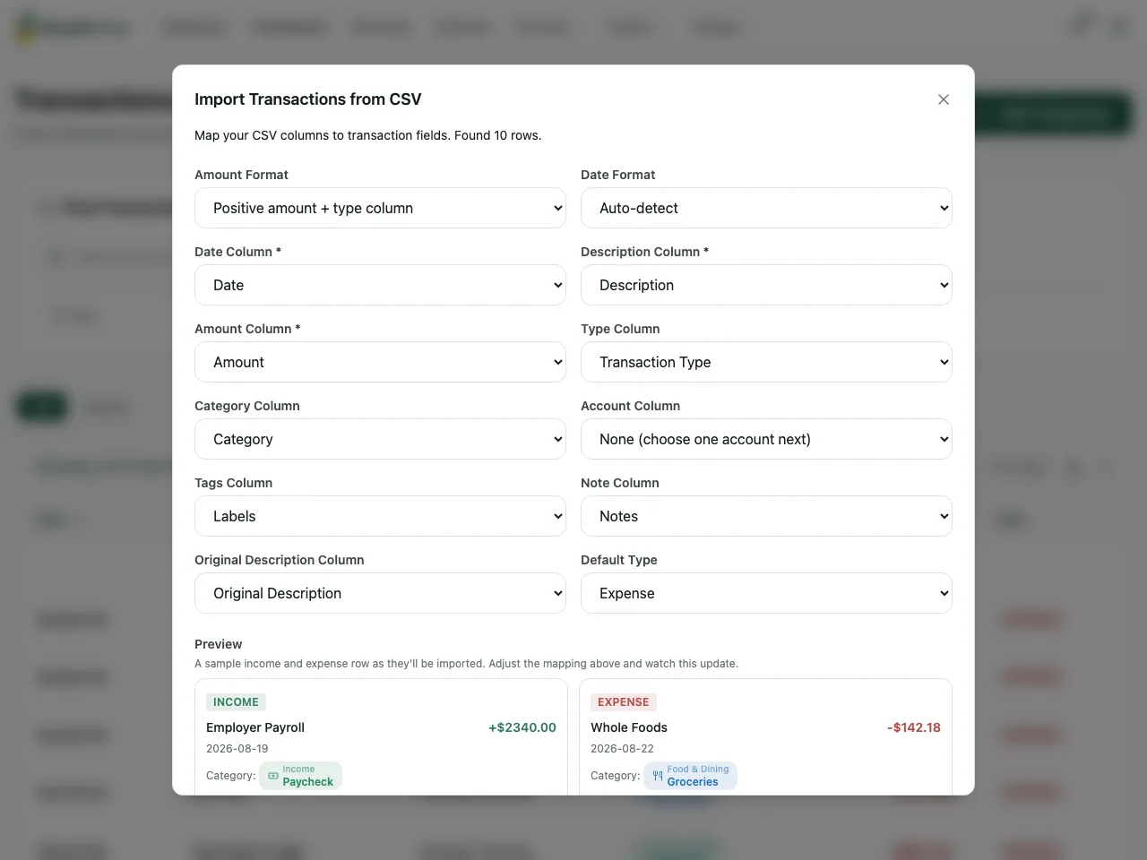 The column mapping step with a Mint export loaded. Amount Format reads Positive amount plus type column, with Transaction Type mapped as the type column, Original Description and Labels also detected. A live preview below shows one income and one expense row read correctly