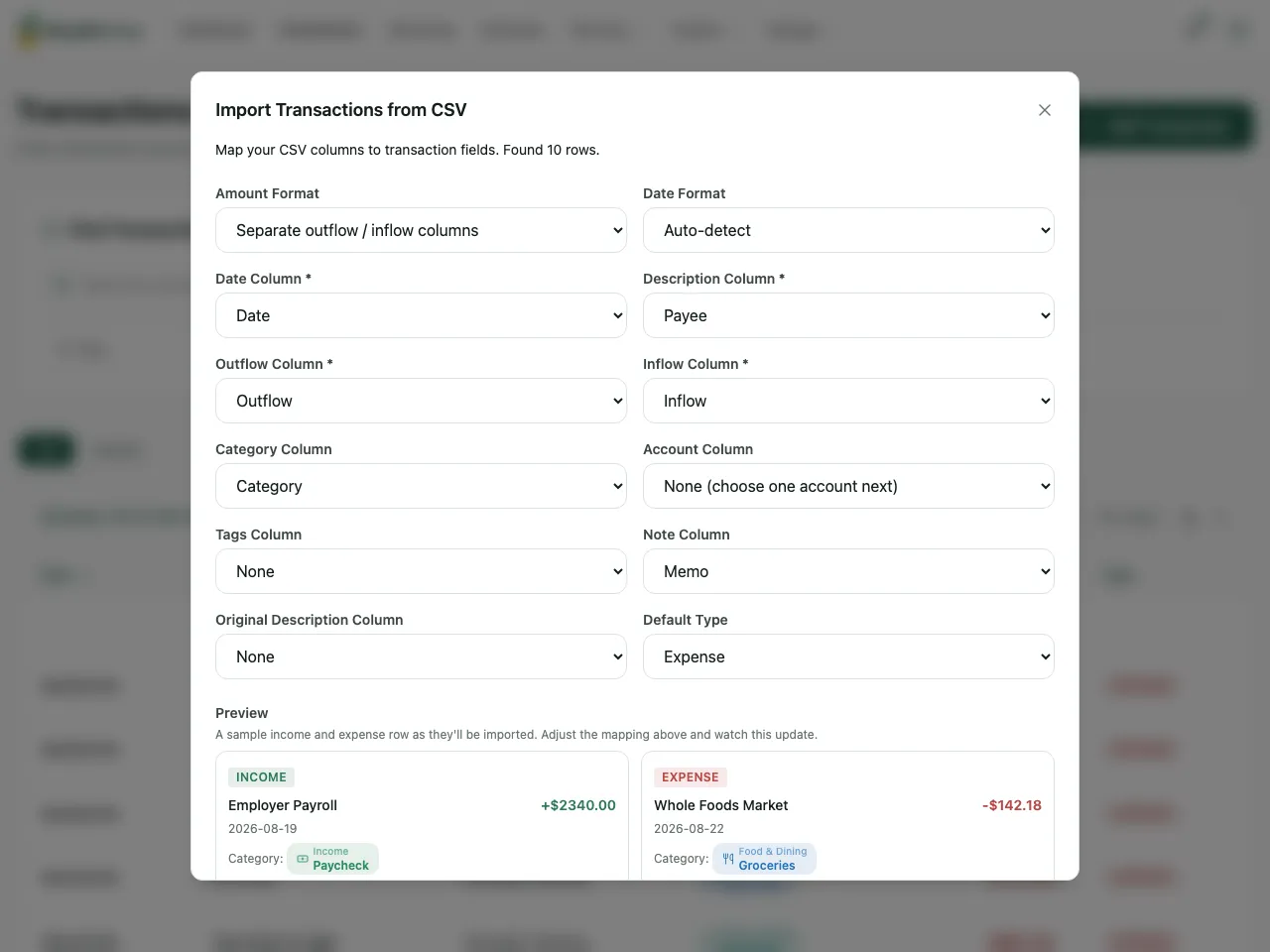 The column mapping step with a YNAB register loaded. Amount Format reads Separate outflow / inflow columns, with Date mapped to Date, Description to Payee, Outflow to Outflow, Inflow to Inflow, Note to Memo, and the Category Column set to the plain Category column