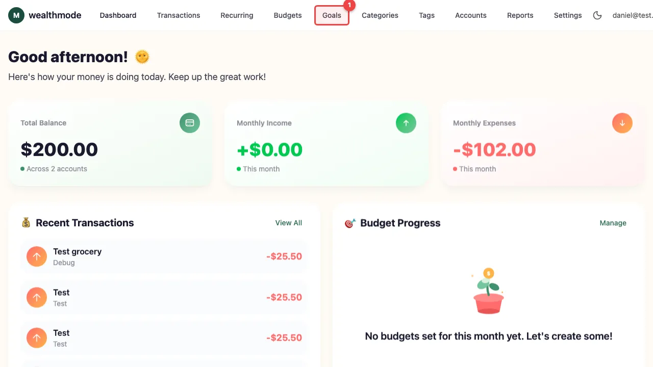 wealthmode navigation sidebar with the Savings Goals section highlighted