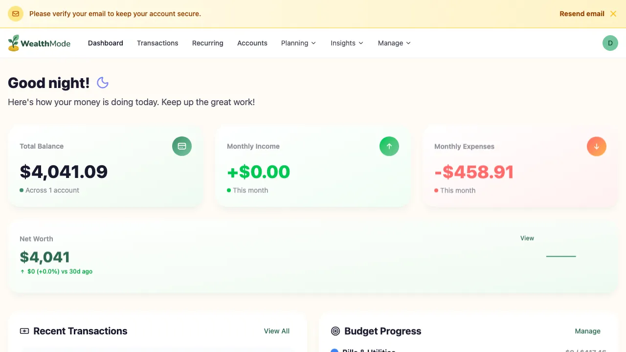 wealthmode sidebar with the Budget section highlighted