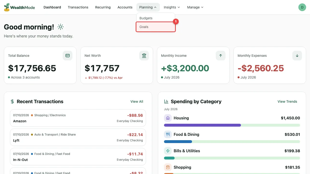 WealthMode navigation sidebar with the Savings Goals section highlighted