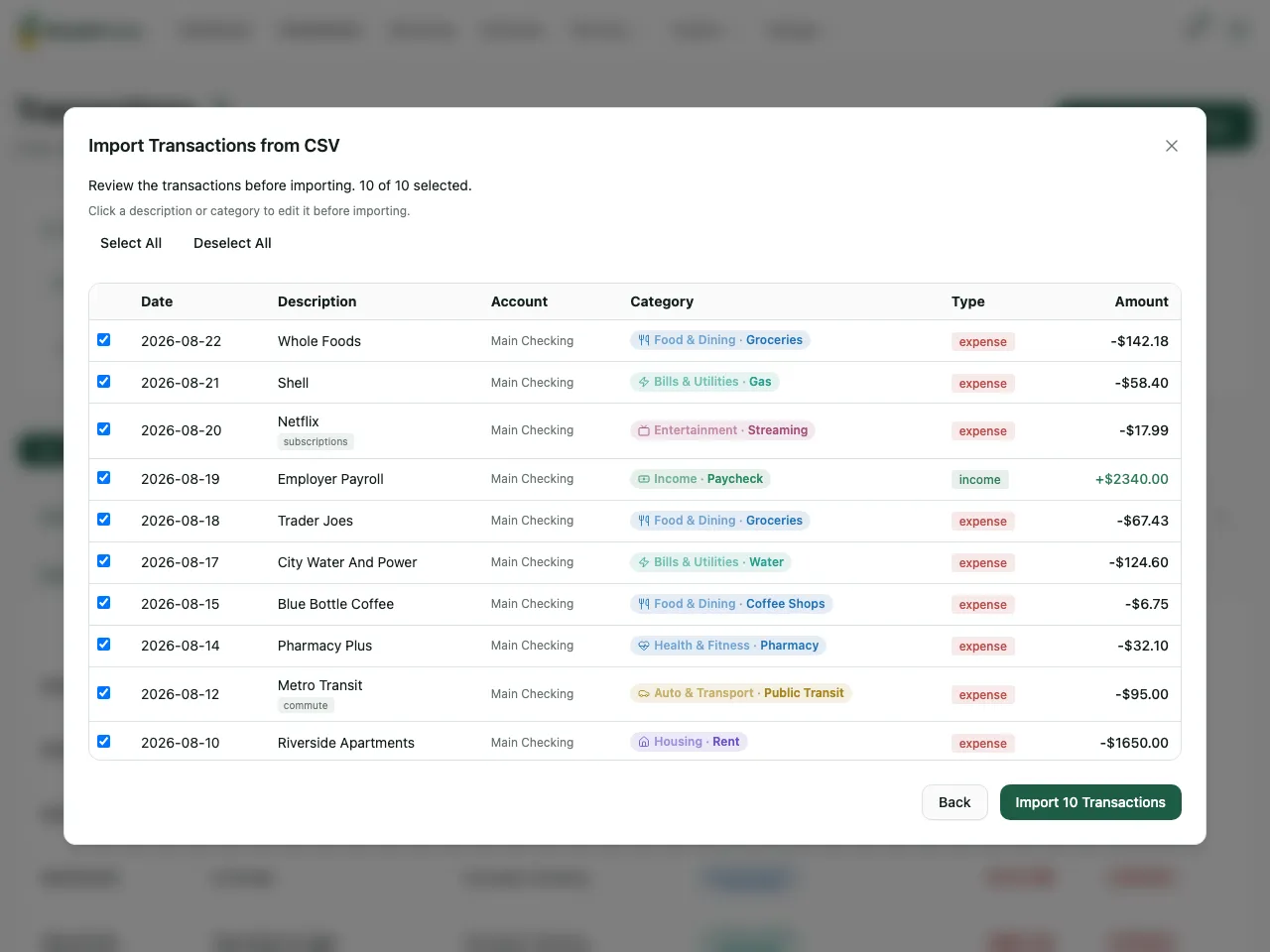 The import preview showing ten Mint transactions ready to import. Every row carries a category badge, the payroll row is marked as income while the rest are expenses, and the Netflix and Metro Transit rows show their Mint labels as tags