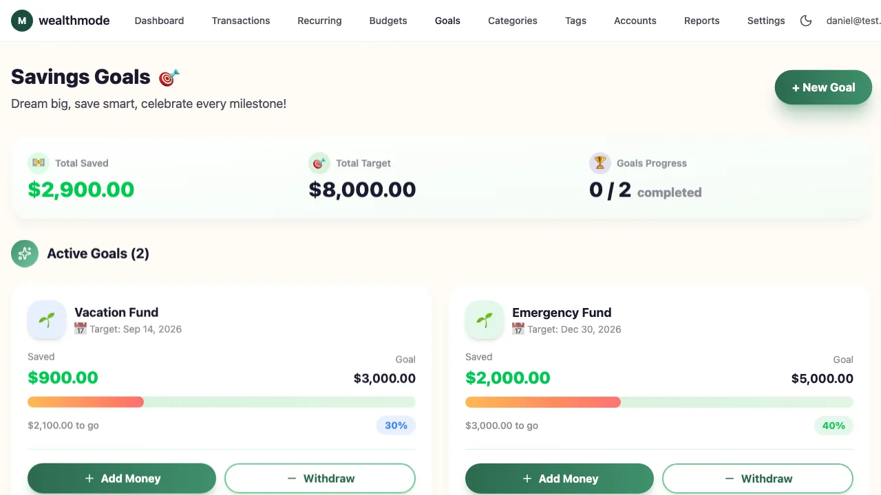 A savings goal card showing the goal name, a progress bar at 40%, amount saved ($2,000 of $5,000), and estimated completion date