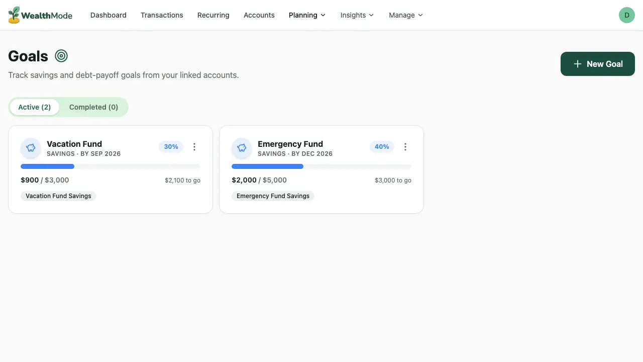 A savings goal card showing the goal name, a progress bar at 40%, amount saved ($2,000 of $5,000), and estimated completion date