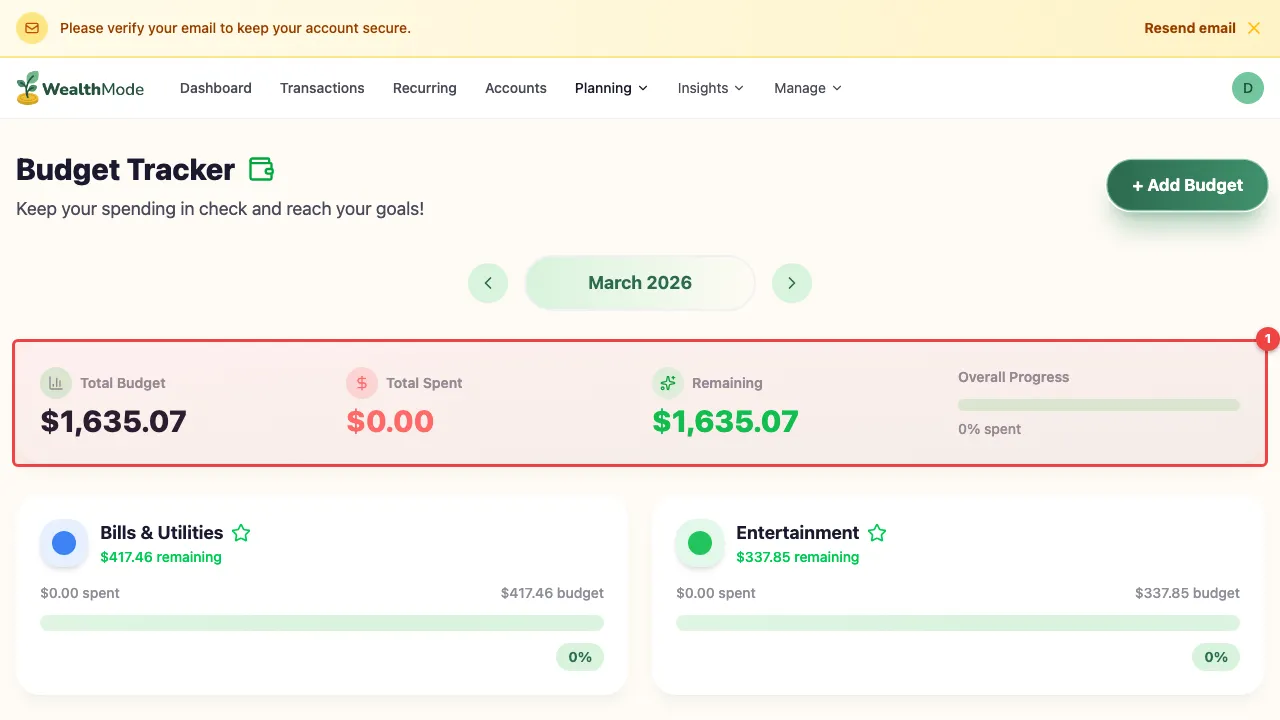 The budget summary view showing total income, total allocated across categories, and remaining unallocated amount