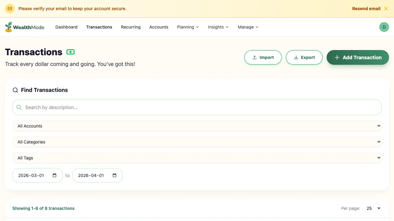 Transactions list with categories