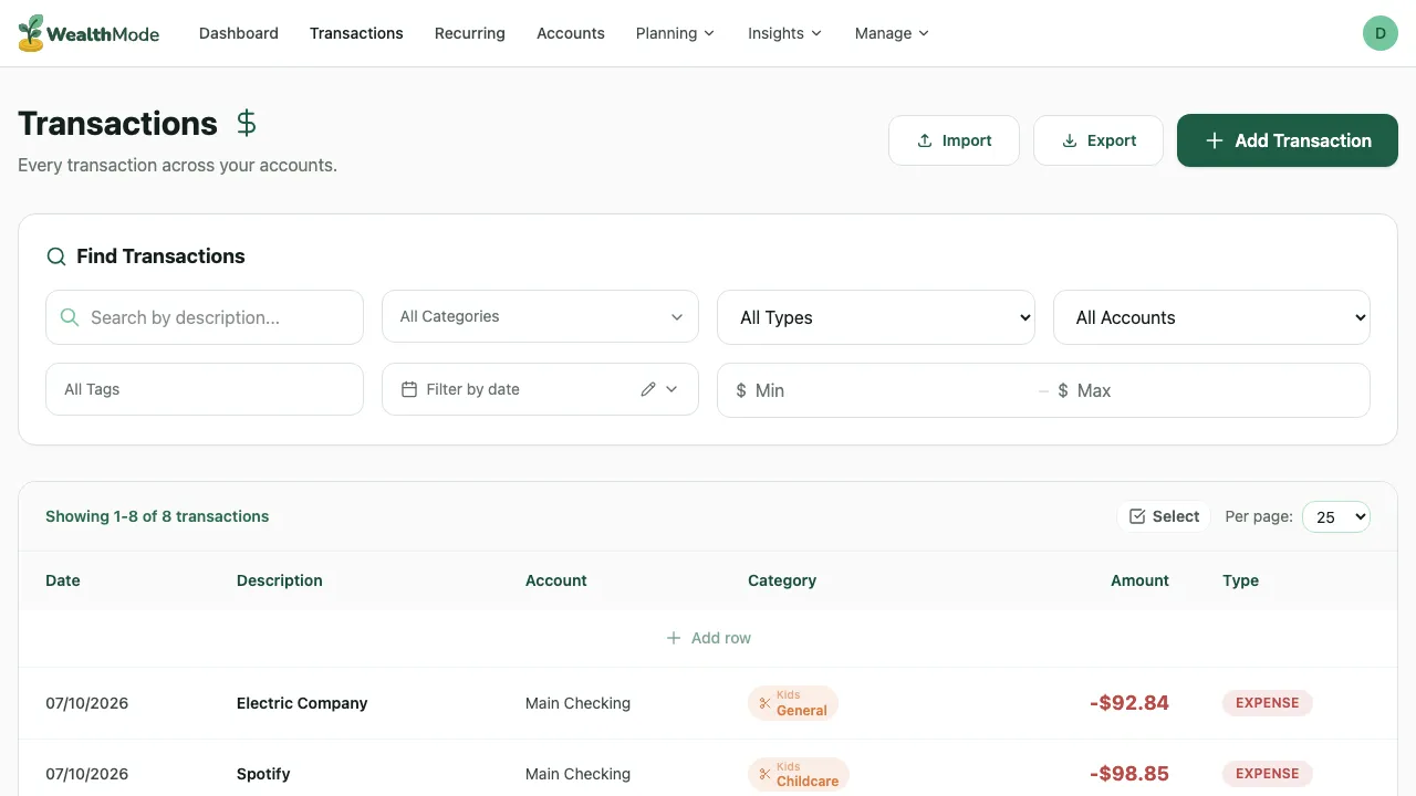 Transactions list with categories