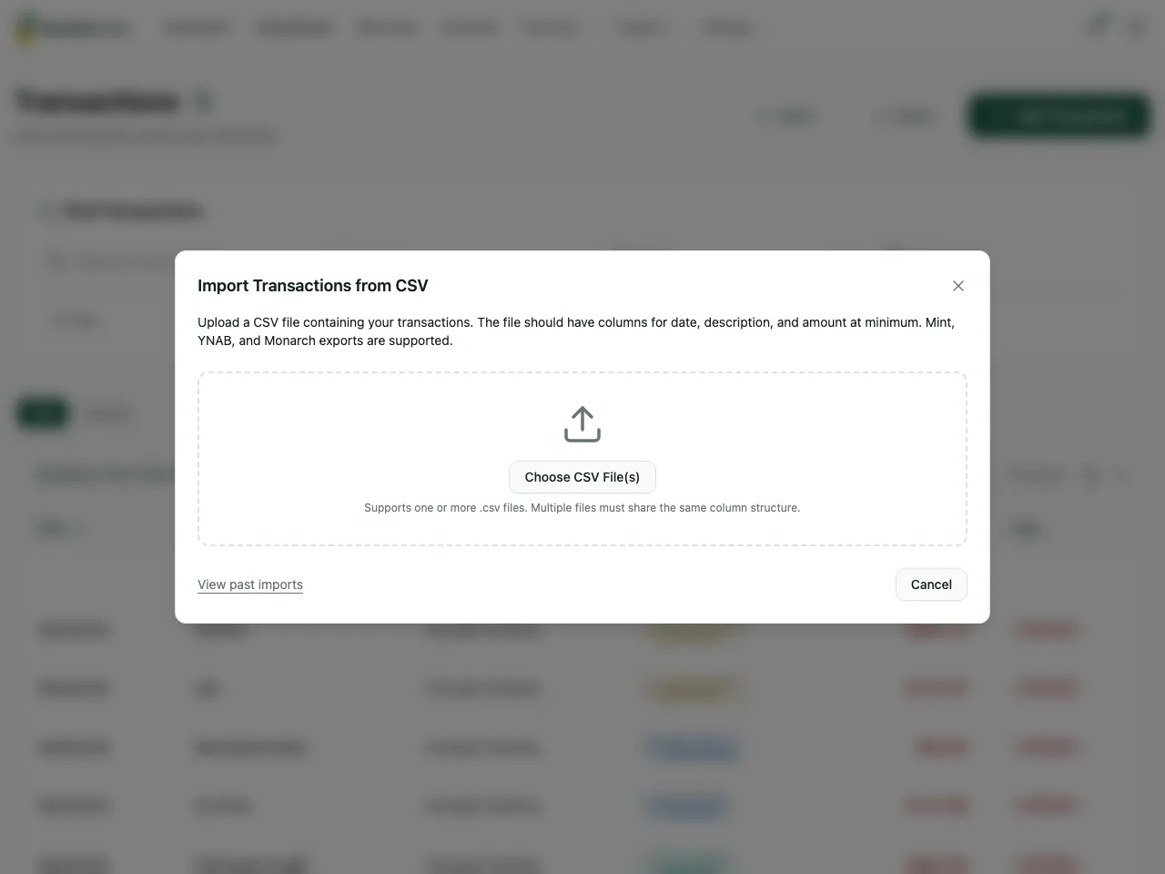 The CSV import dialog in WealthMode, showing a drag-and-drop area with a Choose CSV Files button and a note that multiple files must share the same column structure