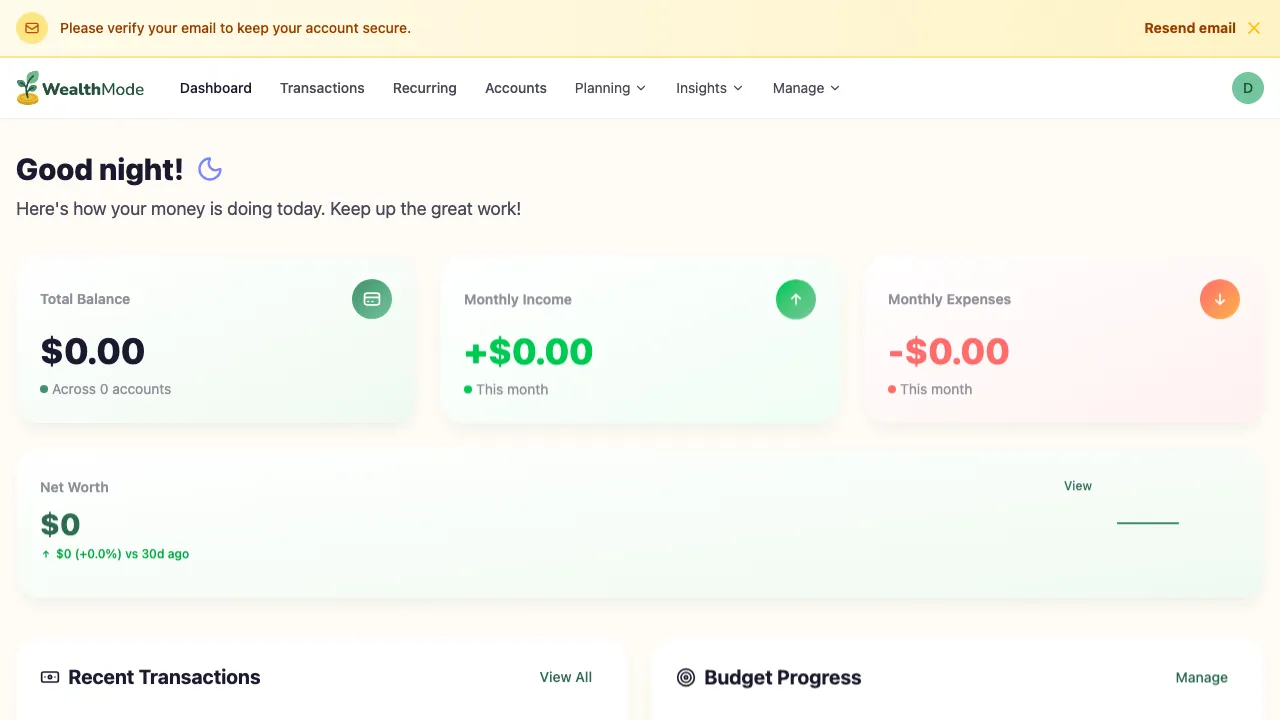 wealthmode welcome screen