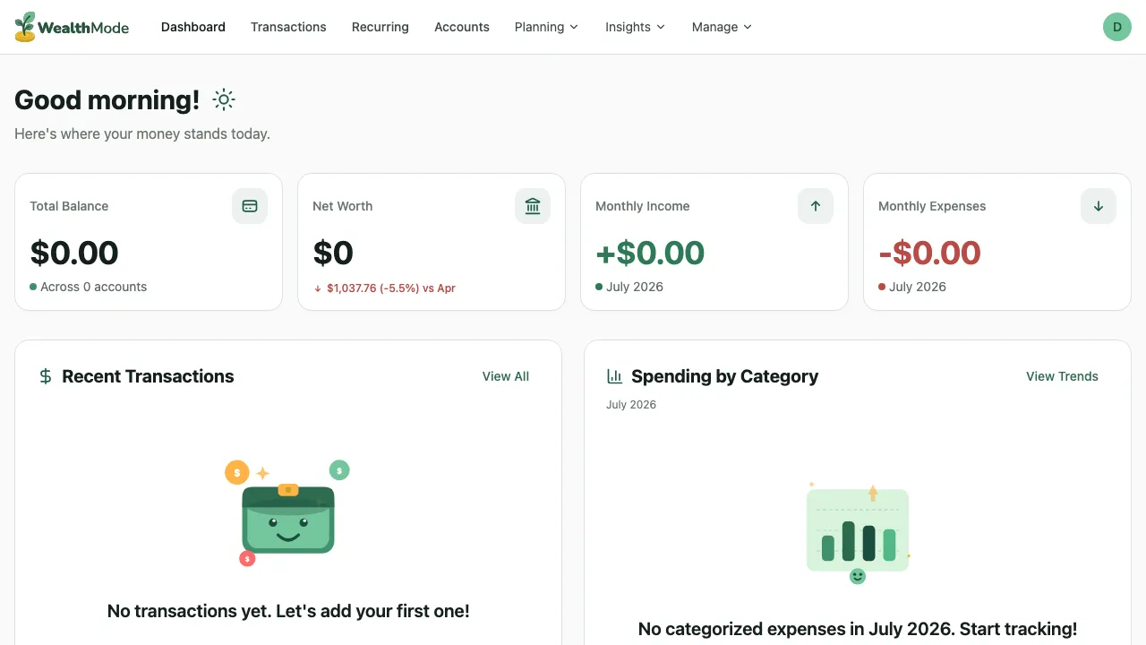 WealthMode welcome screen